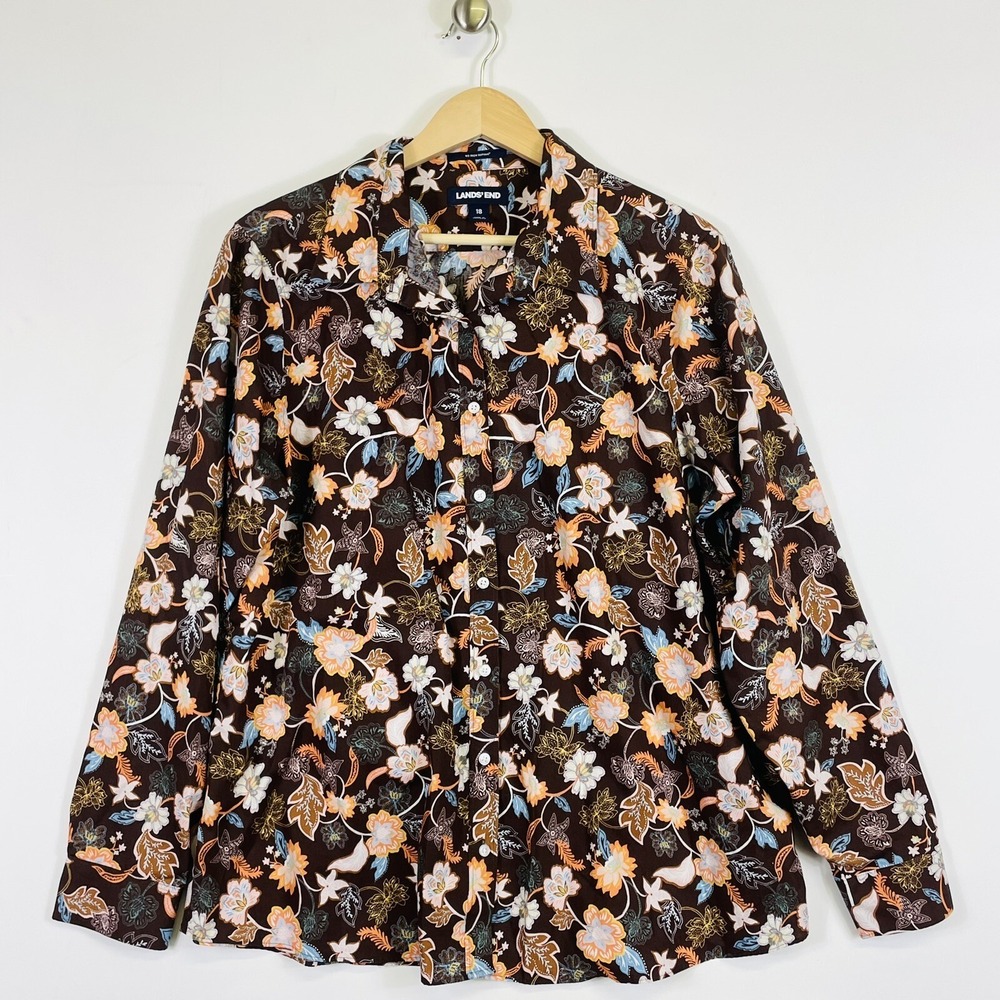 Lands' End Women 18 Shirt Brown Bold Floral Coastal Casual Earthy Boho‎ Forest